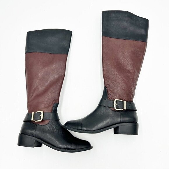Vince Camuto Leisha Brown Black Leather 6.5 M 36.5 Knee High Riding Boots - Picture 1 of 13